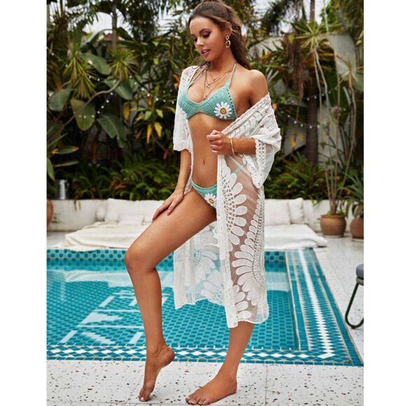 White Crochet Lace Swim Cover Up Beach Wedding Kimono Bathing Suit Layer - Picture 1 of 4